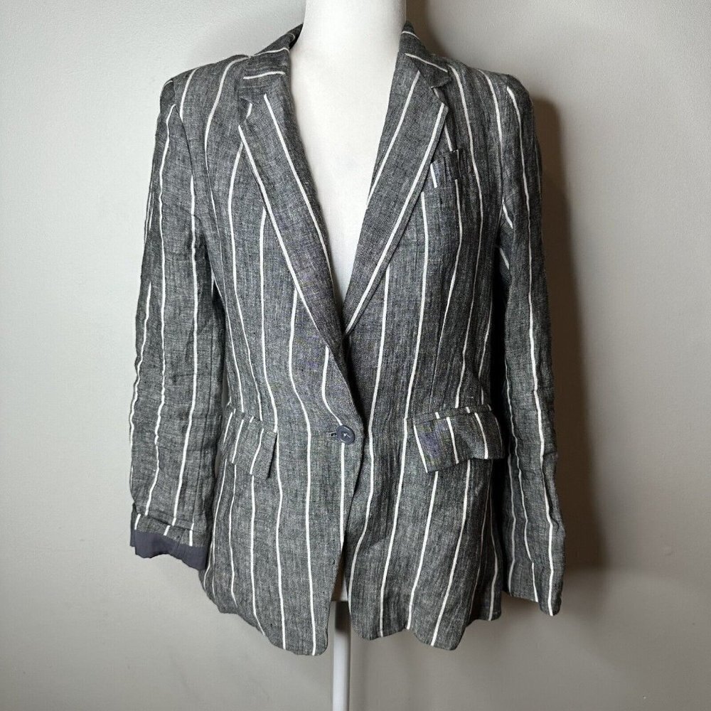 Olivaceous‎ Women's Linen Blend Blazer Jacket Career Size S Gray White Striped